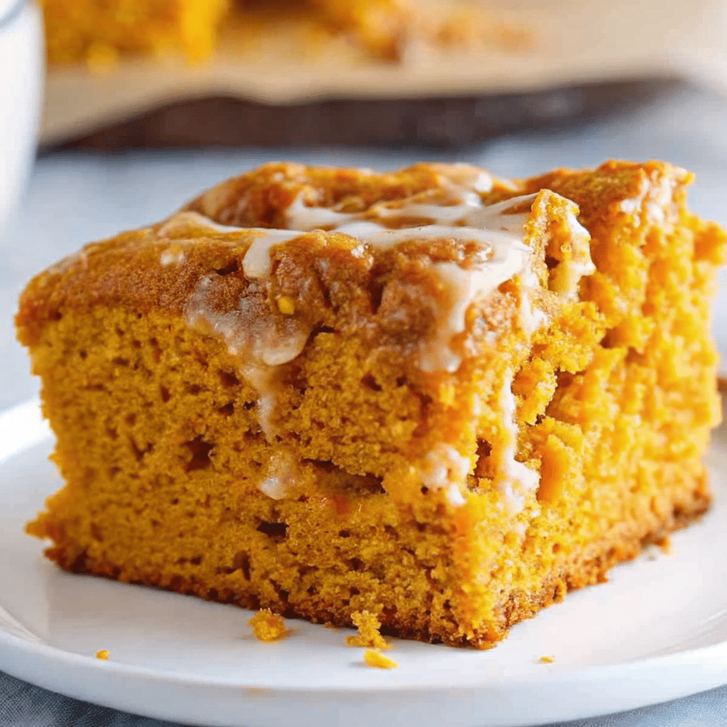 Golden pumpkin earthquake cake with swirled cream cheese, chocolate chips, and pecans showing characteristic cracked surface pattern in a white baking dish