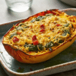 Golden brown spinach and artichoke stuffed spaghetti squash halves on a white plate, garnished with fresh basil and red pepper flakes