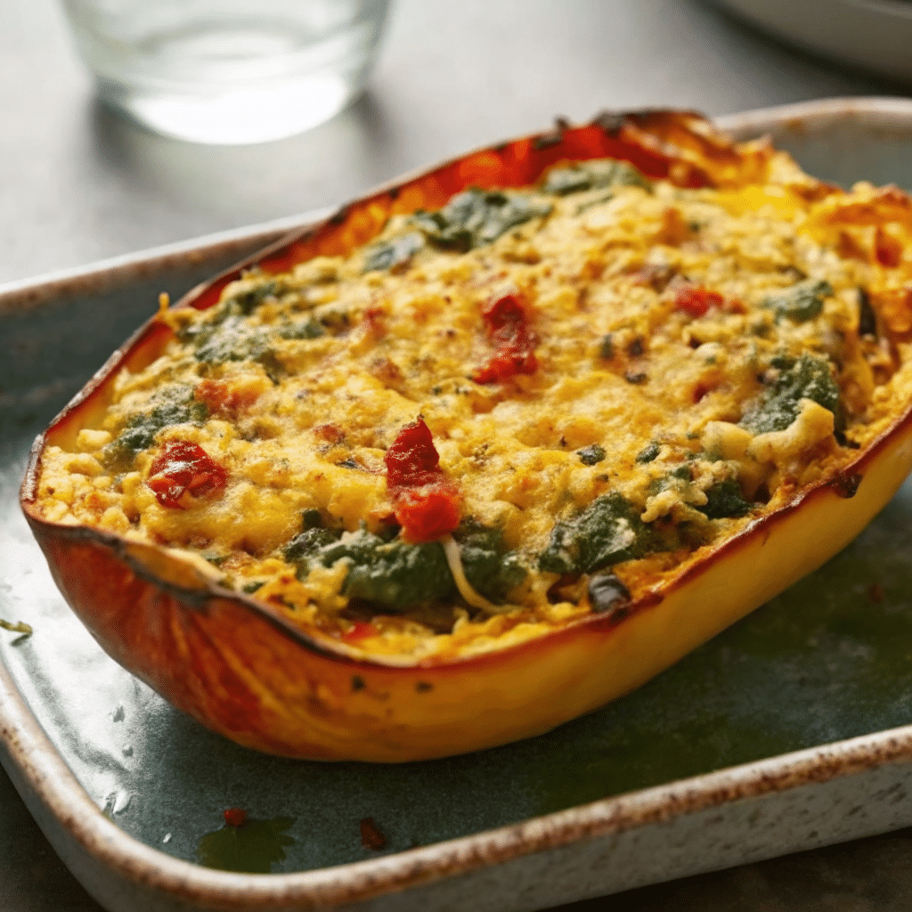 Golden brown spinach and artichoke stuffed spaghetti squash halves on a white plate, garnished with fresh basil and red pepper flakes
