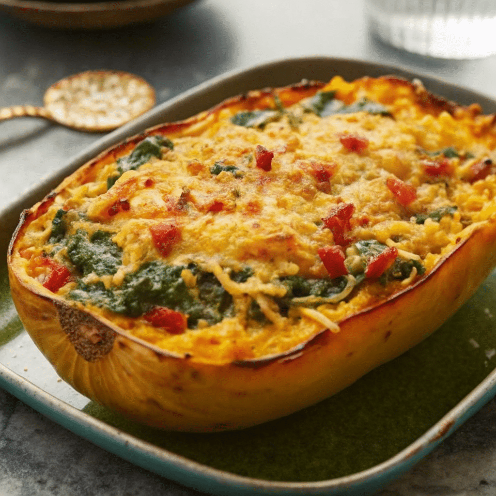 Golden brown spinach and artichoke stuffed spaghetti squash halves on a white plate, garnished with fresh basil and red pepper flakes