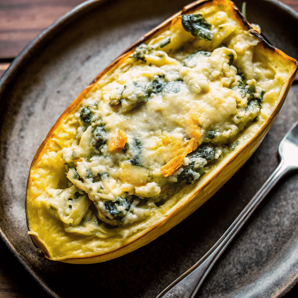 Golden brown spinach and artichoke stuffed spaghetti squash halves on a white plate, garnished with fresh basil and red pepper flakes