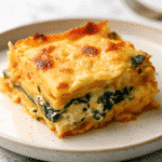 Golden bubbly roasted butternut squash and spinach lasagna in white baking dish with fresh herbs
