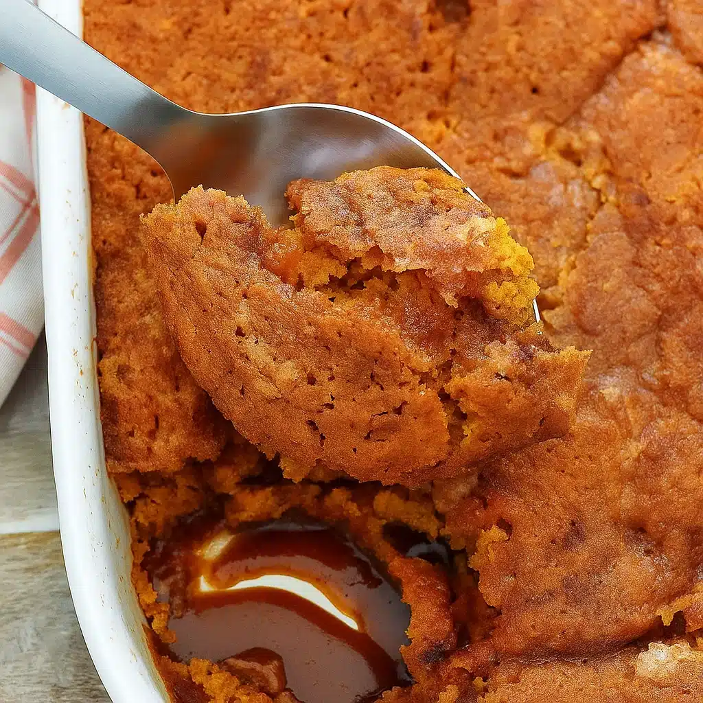 Golden brown pumpkin cobbler with crumbly topping in a white baking dish, served with a dollop of whipped cream, showcasing the creamy pumpkin filling and crispy spiced topping.