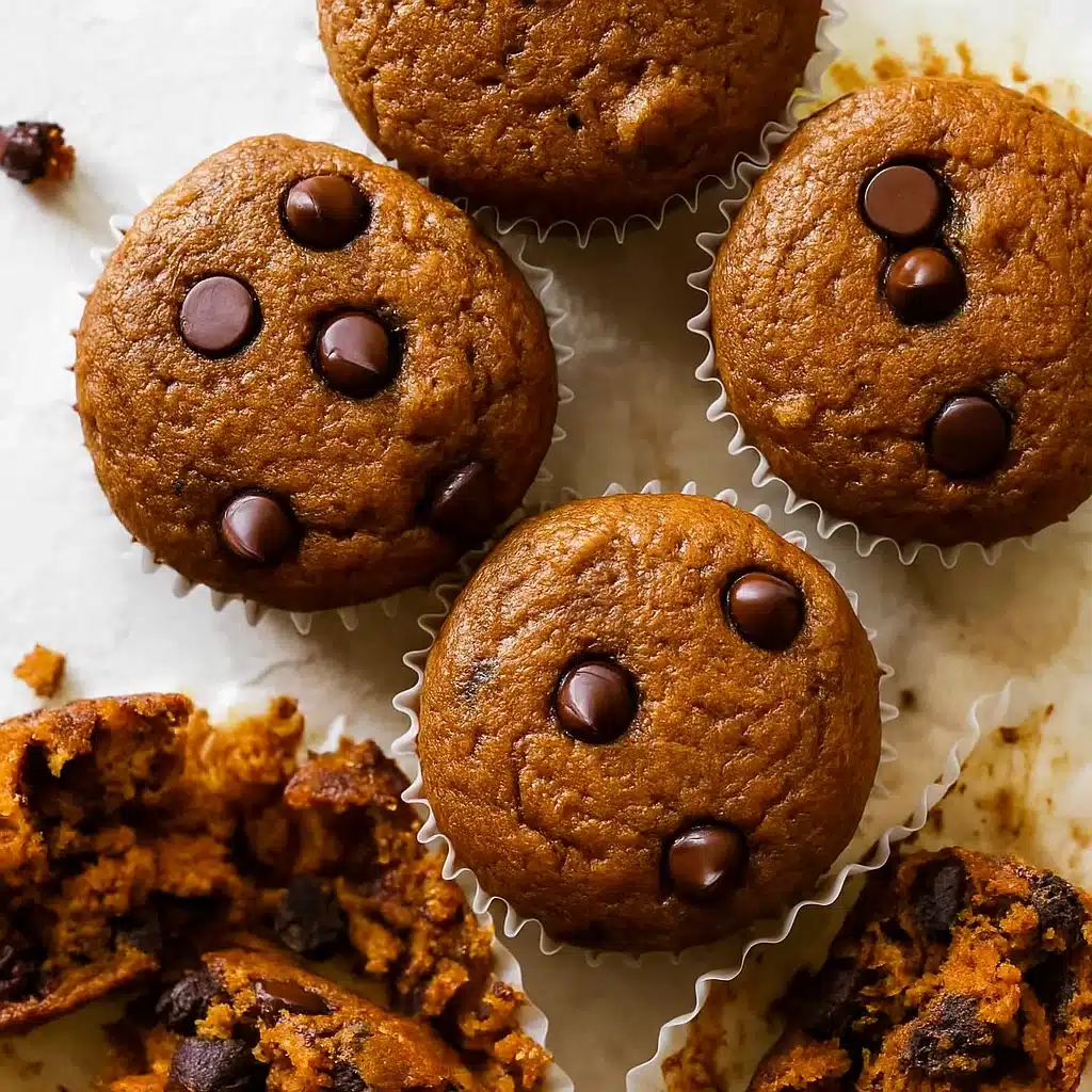 Golden brown pumpkin chocolate chip muffins topped with melted chocolate chips, arranged on a wire cooling rack with fall leaves in the background.