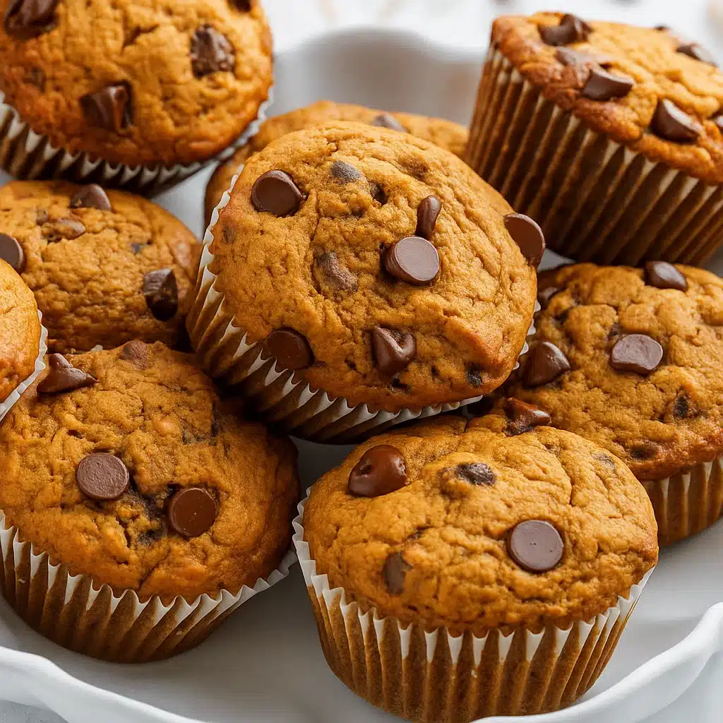 Golden brown pumpkin chocolate chip muffins topped with melted chocolate chips, arranged on a wire cooling rack with fall leaves in the background.