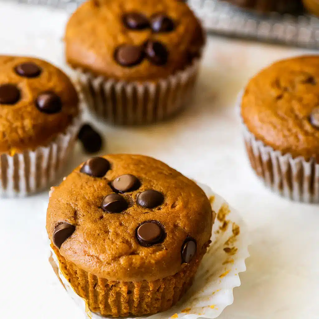 Golden brown pumpkin chocolate chip muffins topped with melted chocolate chips, arranged on a wire cooling rack with fall leaves in the background.