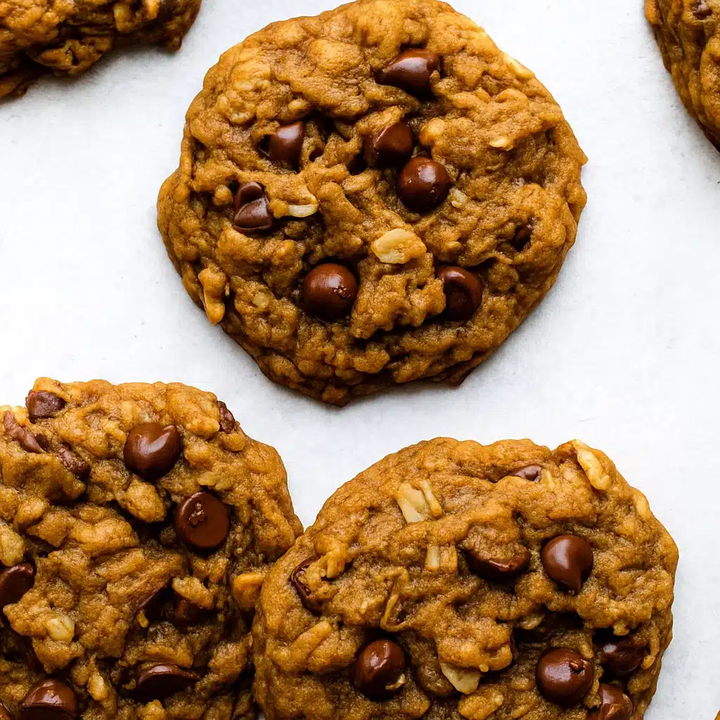 Soft, chewy pumpkin oatmeal chocolate chip cookies on a cooling rack with visible oats and chocolate chips throughout