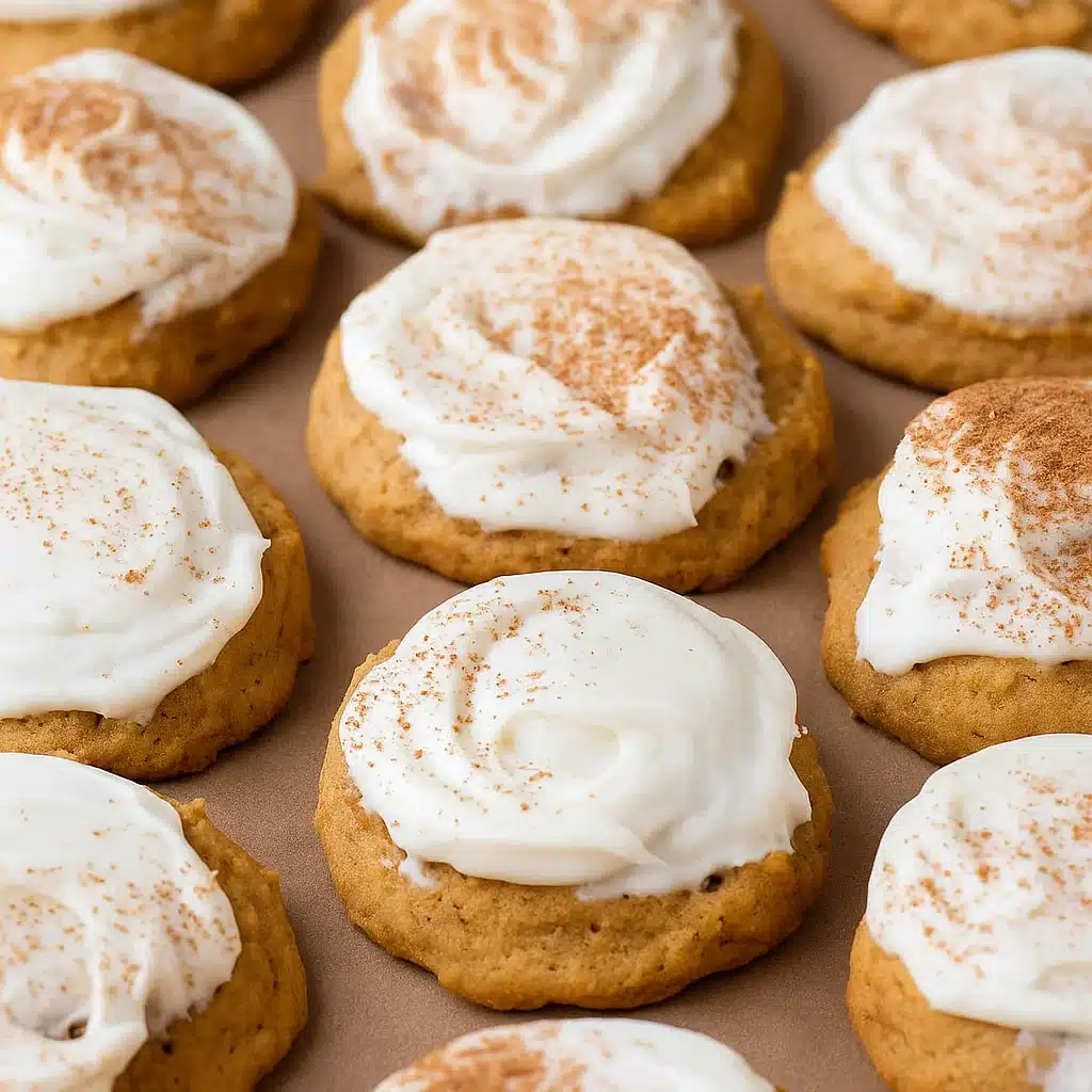 golden-brown soft pumpkin cookies with a tender, cake-like texture, arranged on a white plate with fall leaves in the background.