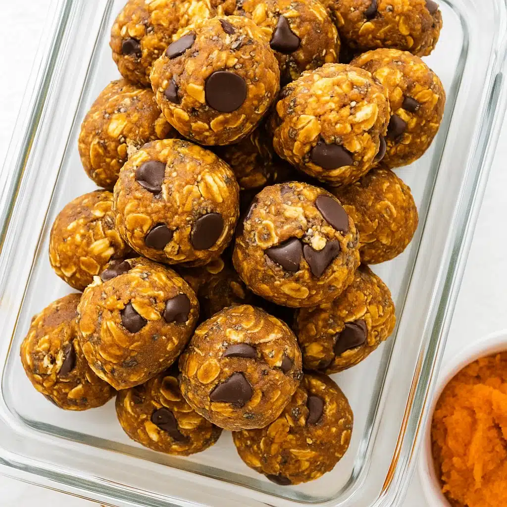 No-bake pumpkin protein balls arranged on a white plate, golden orange in color with visible oats and chocolate chips, garnished with a sprinkle of cinnamon