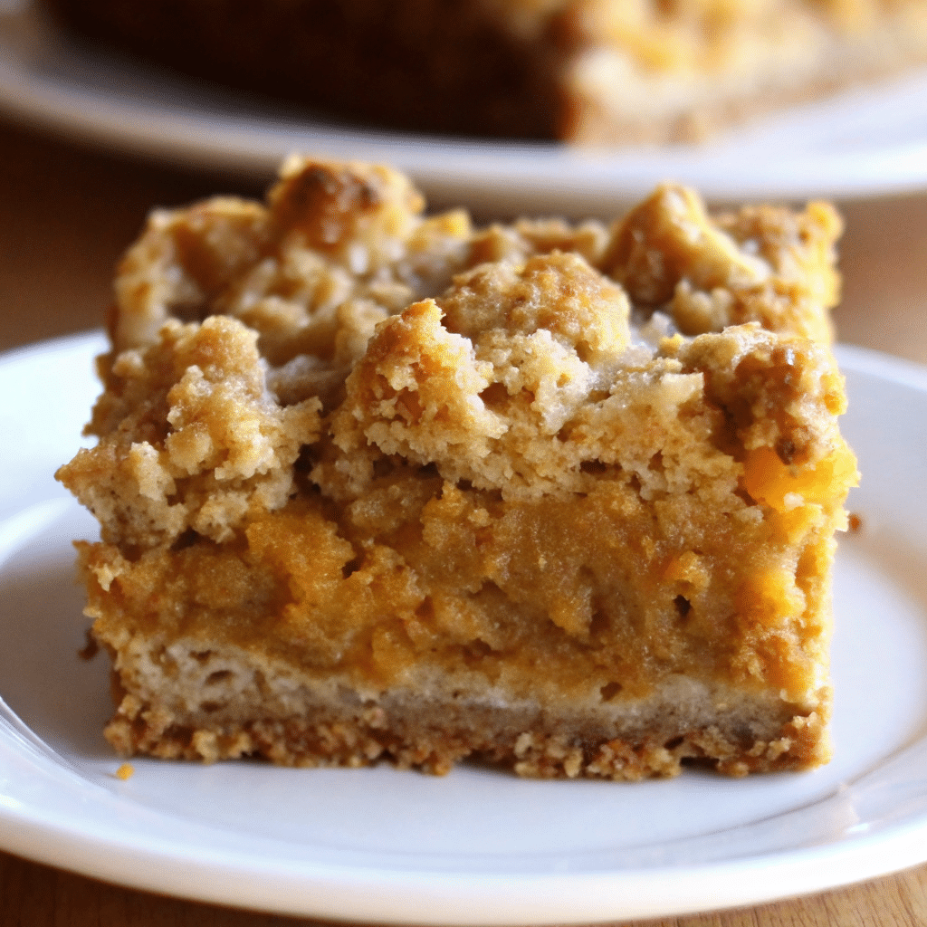 Golden brown pumpkin pie crumble bars with buttery streusel topping and creamy spiced pumpkin filling, cut into perfect squares