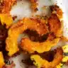 Easy Parmesan Garlic Delicata Squash recipe pieces with melted Parmesan cheese and herbs on a baking sheet