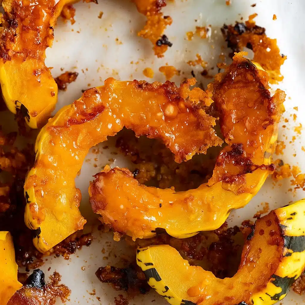 Easy Parmesan Garlic Delicata Squash recipe pieces with melted Parmesan cheese and herbs on a baking sheet