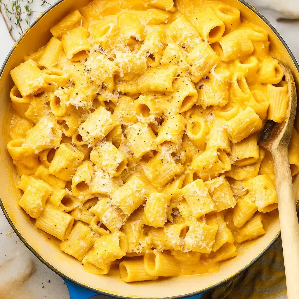 Creamy butternut squash mac and cheese in a white baking dish, topped with golden melted cheese and garnished with fresh chives