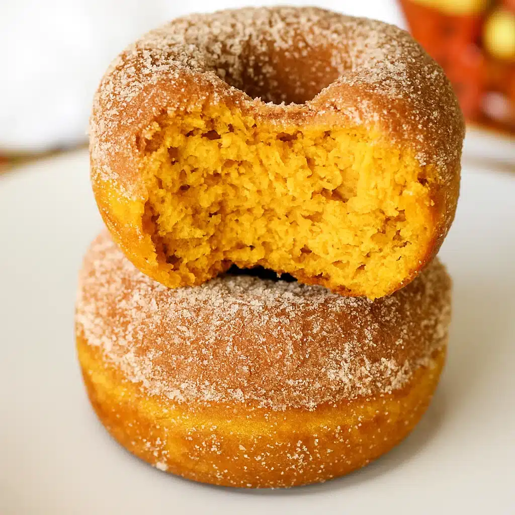 Mini pumpkin spice donuts with cinnamon sugar coating on a wooden board with coffee cups and fall leaves.