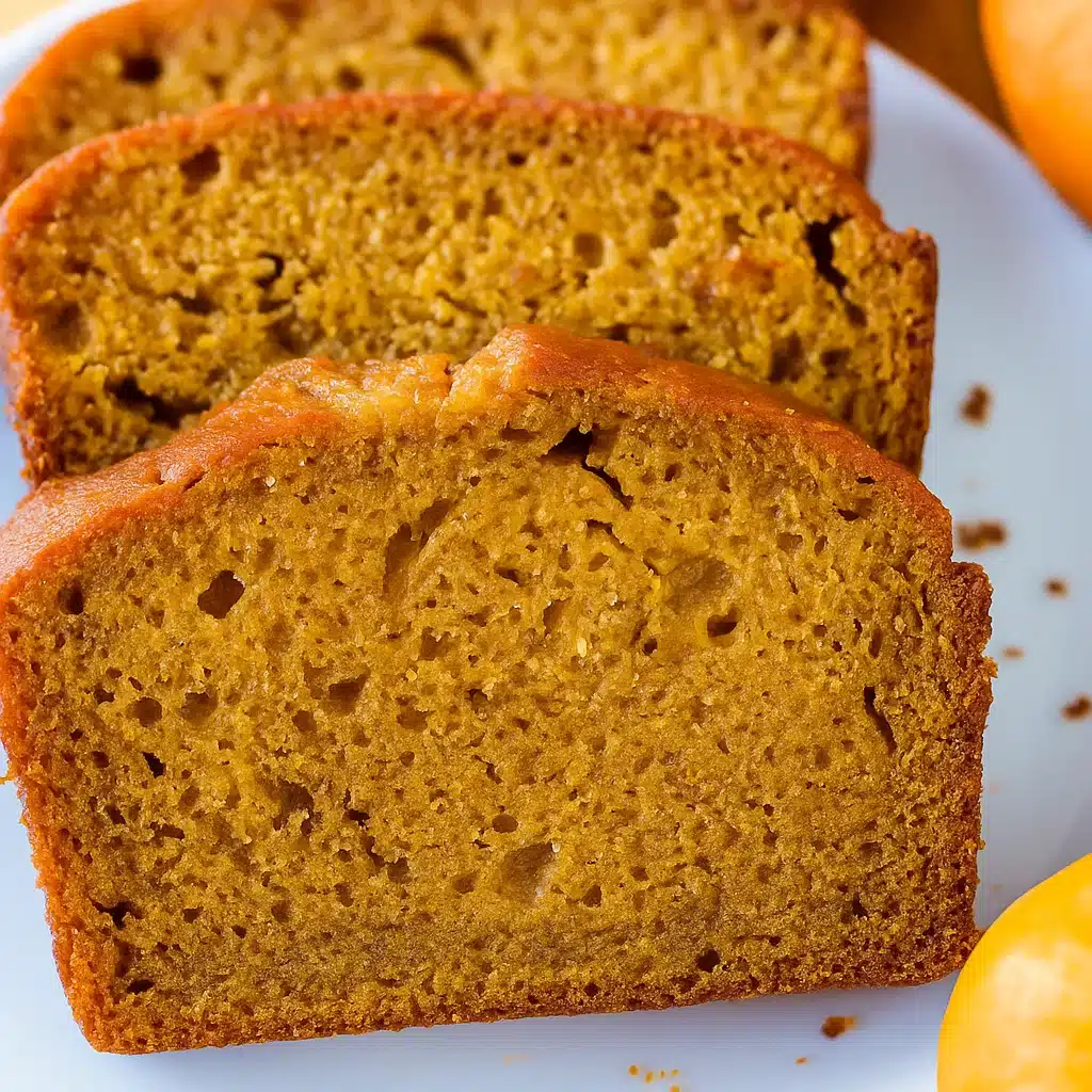 Two golden-brown pumpkin bread loaves cooling on a wire rack, with a slice cut and placed on a wooden cutting board, showing the moist, tender crumb interior.