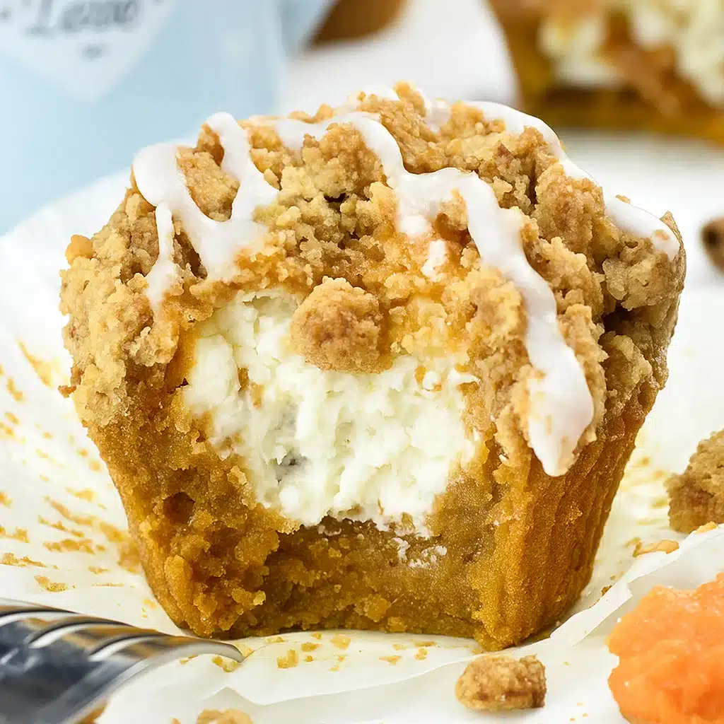 Golden brown pumpkin cream cheese muffins with crumb topping arranged on a wire cooling rack, showing the creamy white center filling