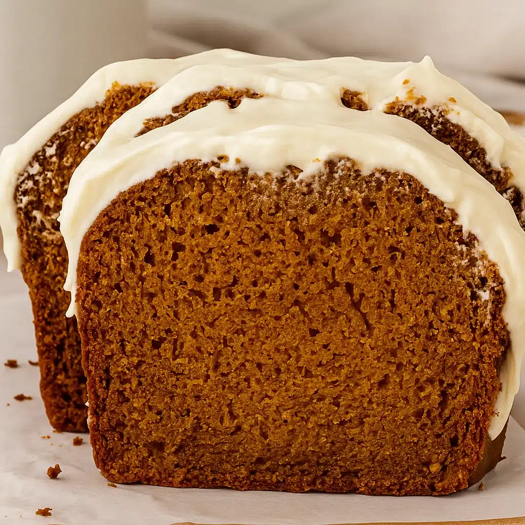 A slice of moist pumpkin bread with cream cheese frosting on a white plate, showing the beautiful orange color and fluffy texture, with fall spices scattered around