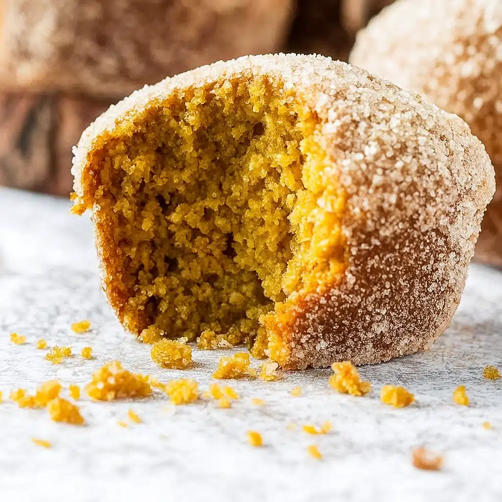 Golden-brown donut pumpkin muffins coated in cinnamon sugar, arranged on a rustic wooden board with fall leaves in the background