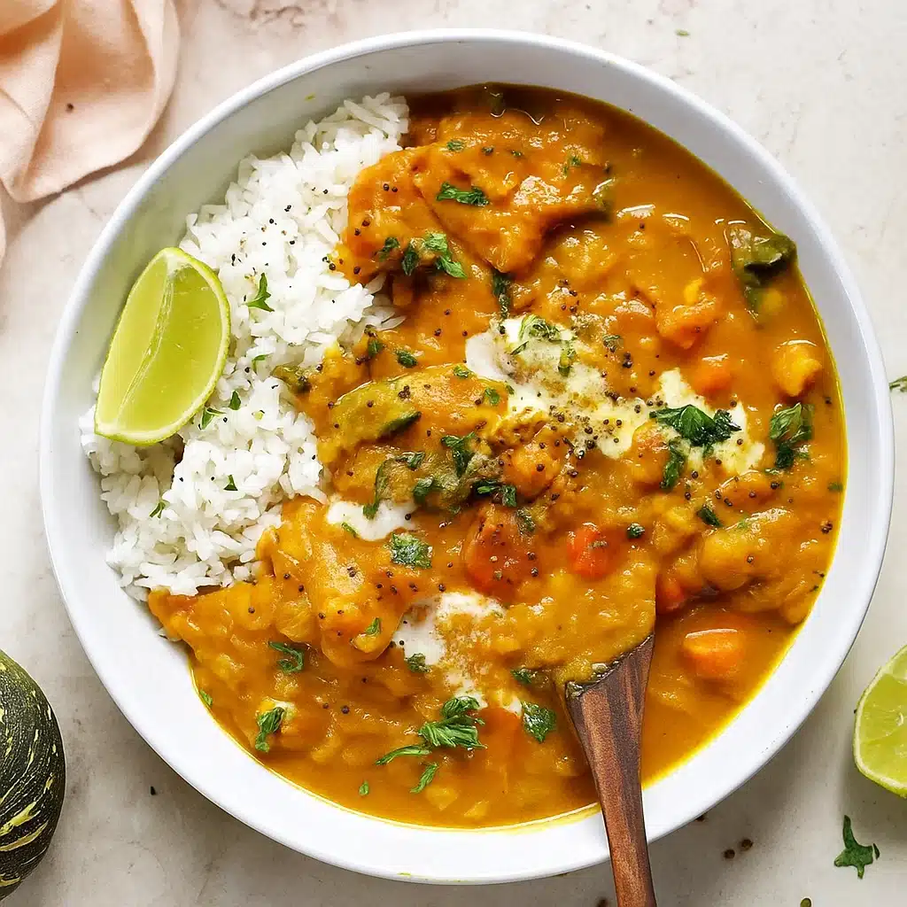 A bowl of creamy orange Indian pumpkin curry garnished with fresh cilantro and served with basmati rice, showing the rich, velvety texture and vibrant colors of this comforting one-pot meal.