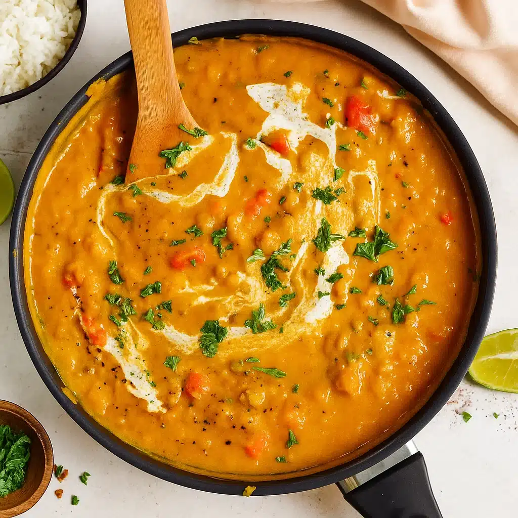 A bowl of creamy orange Indian pumpkin curry garnished with fresh cilantro and served with basmati rice, showing the rich, velvety texture and vibrant colors of this comforting one-pot meal.