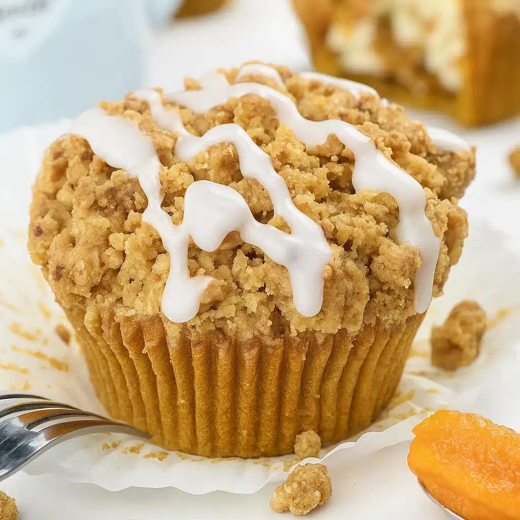 Golden brown pumpkin cream cheese muffins with crumb topping arranged on a wire cooling rack, showing the creamy white center filling
