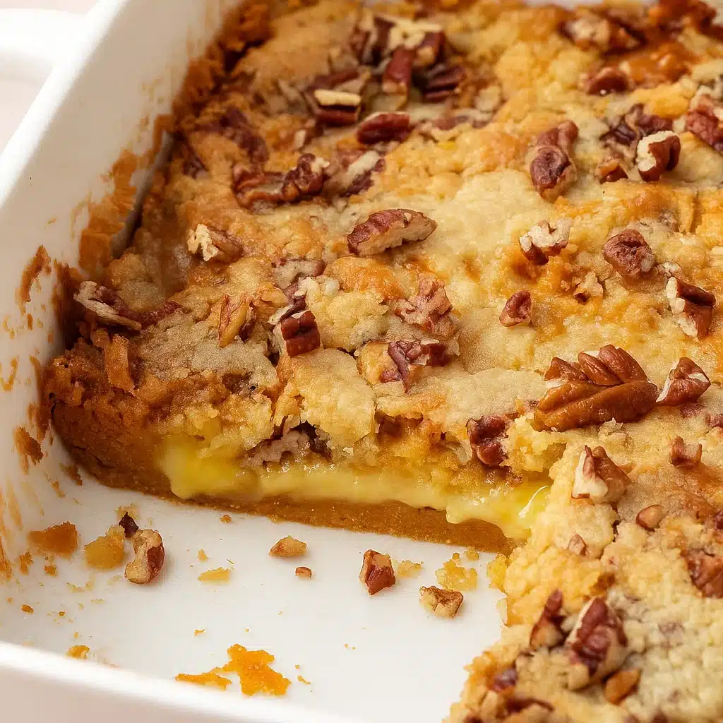 Golden-brown pumpkin dump cake in a 9x13 baking dish with a crispy cake mix topping and creamy pumpkin filling visible where a square has been removed