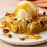 Golden-brown pumpkin dump cake in a 9x13 baking dish with a crispy cake mix topping and creamy pumpkin filling visible where a square has been removed