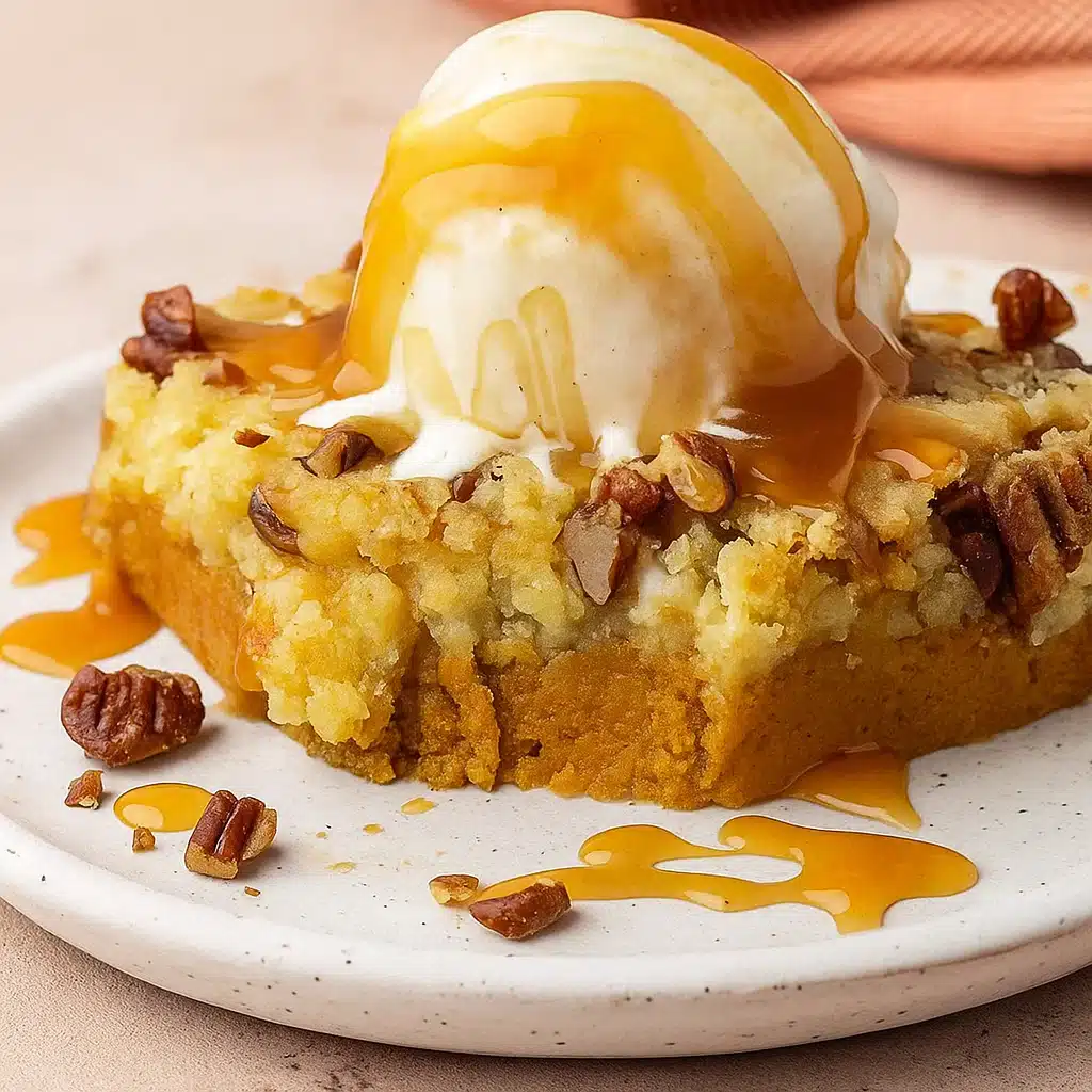 Golden-brown pumpkin dump cake in a 9x13 baking dish with a crispy cake mix topping and creamy pumpkin filling visible where a square has been removed