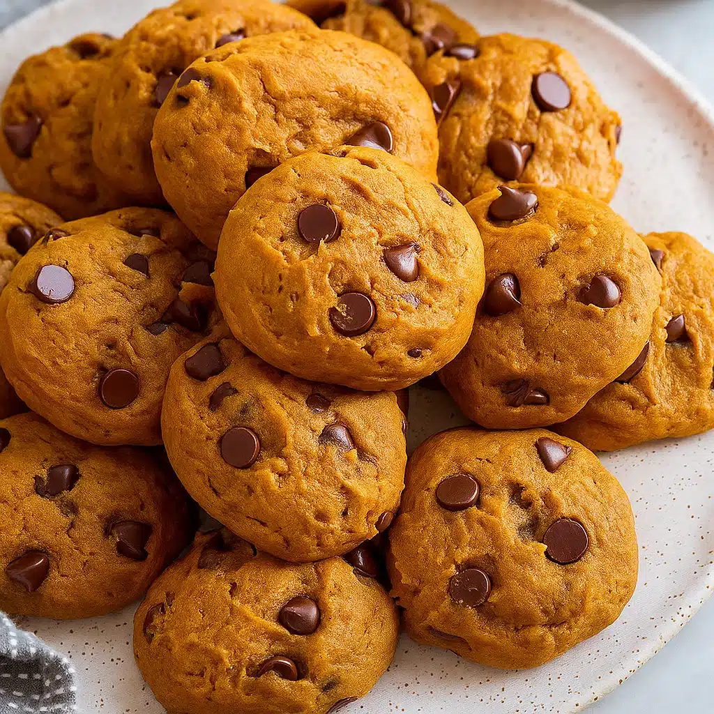 Soft, chewy pumpkin chocolate chip cookies with golden edges and melted chocolate chips, arranged on a cooling rack with fall decorations in the background.