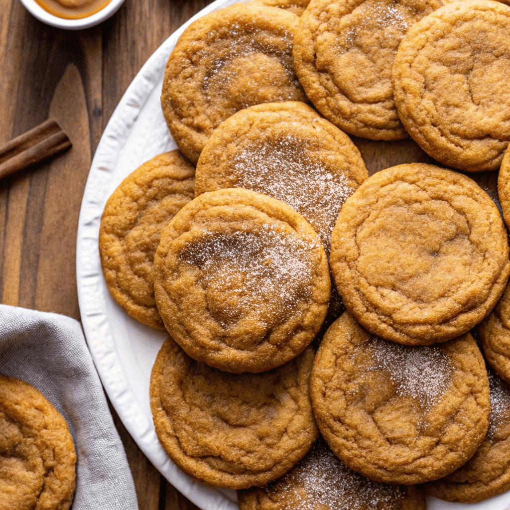 Soft, chewy pumpkin cookies rolled in spiced sugar, arranged on a white plate with fall leaves in the background