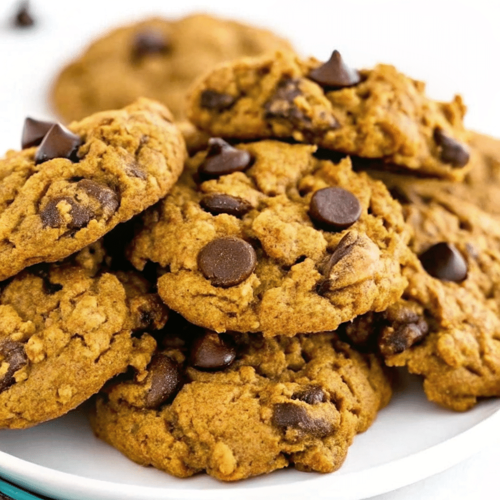 Soft, chewy pumpkin oatmeal chocolate chip cookies on a cooling rack with visible oats and chocolate chips throughout