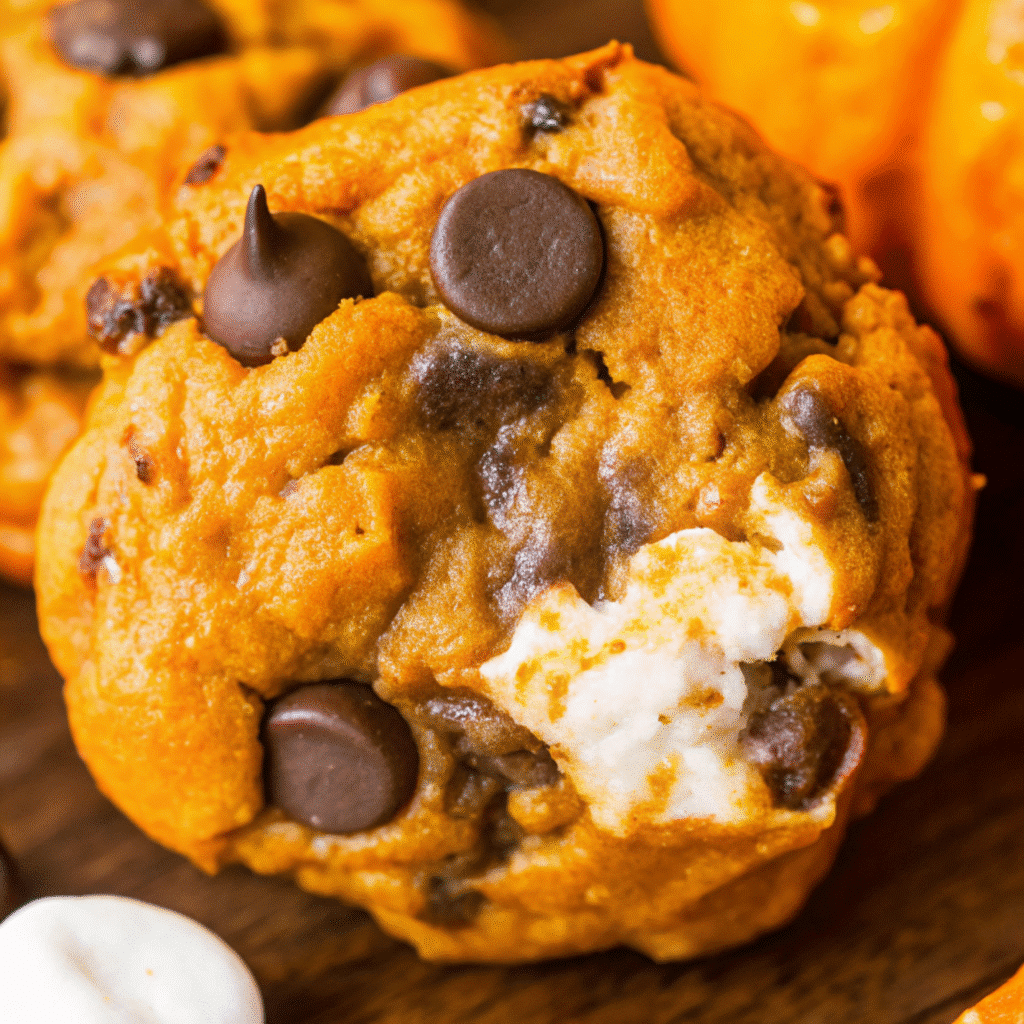 Golden brown pumpkin S'mores cookies with melted marshmallow centers and chocolate chips, displayed on a rustic wooden board with fall leaves in the background
