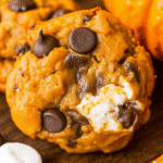 Golden brown pumpkin Smores cookies with melted marshmallow centers and chocolate chips, displayed on a rustic wooden board with fall leaves in the background