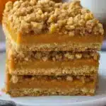 Golden brown pumpkin pie crumble bars with buttery streusel topping and creamy spiced pumpkin filling, cut into perfect squares