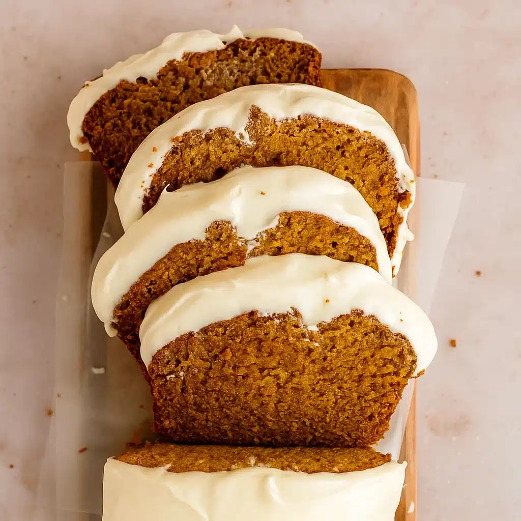 A slice of moist pumpkin bread with cream cheese frosting on a white plate, showing the beautiful orange color and fluffy texture, with fall spices scattered around