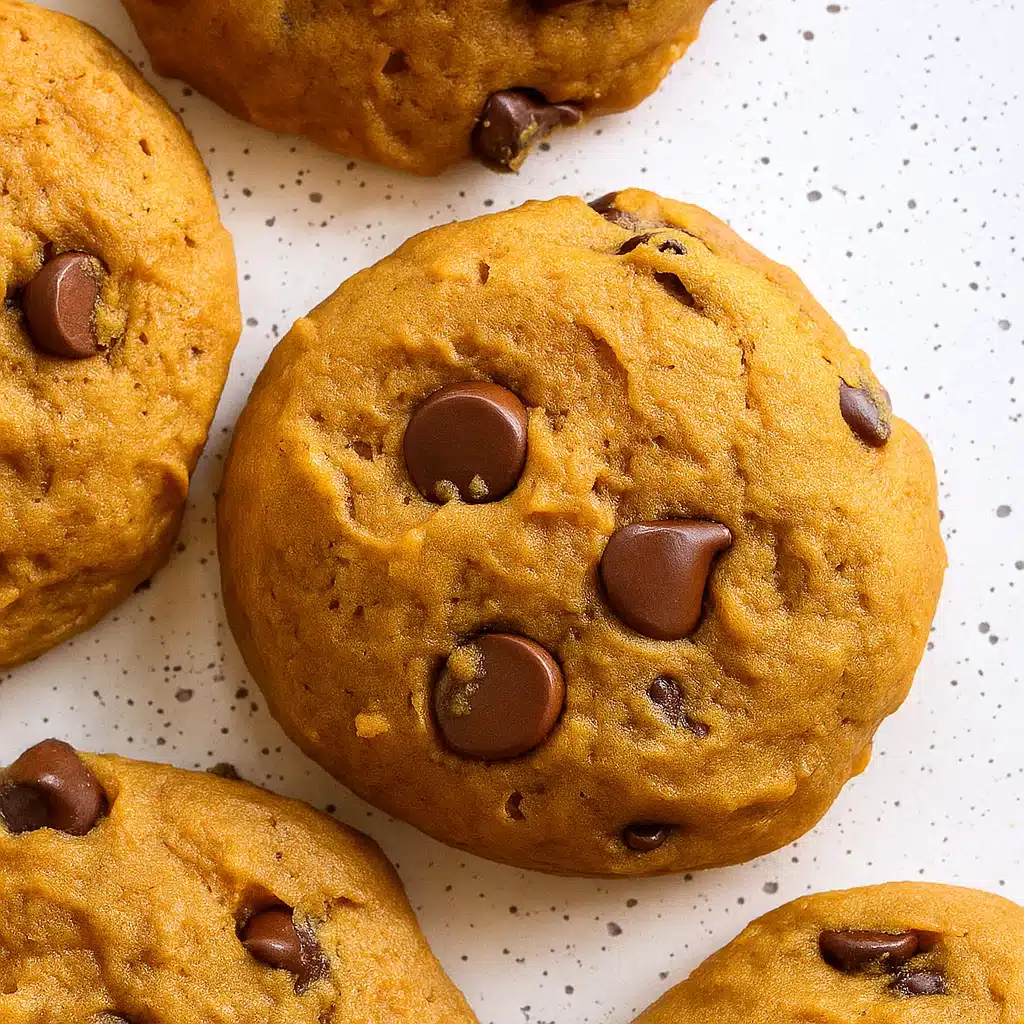 Soft, chewy pumpkin chocolate chip cookies with golden edges and melted chocolate chips, arranged on a cooling rack with fall decorations in the background.