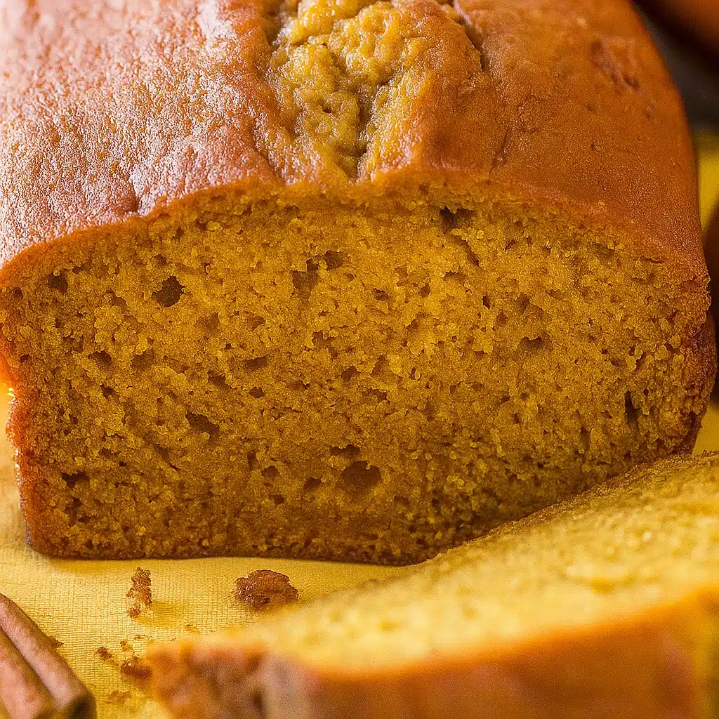 Two golden-brown pumpkin bread loaves cooling on a wire rack, with a slice cut and placed on a wooden cutting board, showing the moist, tender crumb interior.