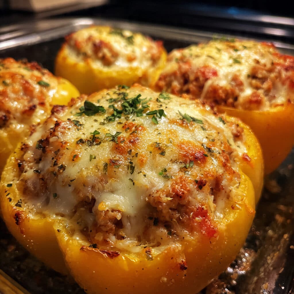 Italian Stuffed Peppers 8 Italian stuffed peppers in a white baking dish filled with seasoned ground beef, rice, and melted mozzarella cheese, topped with marinara sauce and fresh basil