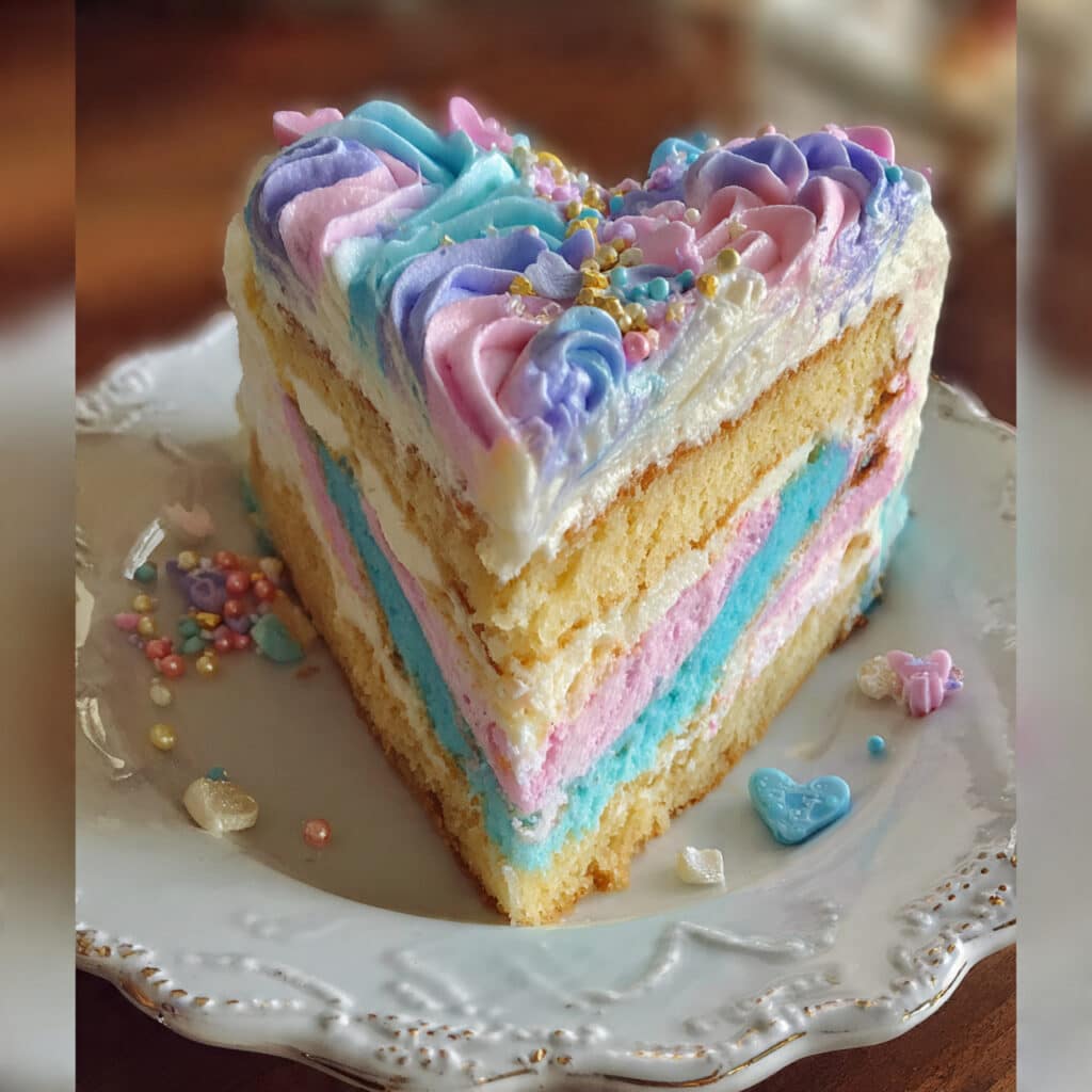 Unicorn Heart Cake features tender vanilla cake layers swirled with pastel colors, creamy buttercream frosting, and magical decorations including sprinkles, edible glitter, and sugar crystals.