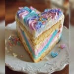 Unicorn Heart Cake features tender vanilla cake layers swirled with pastel colors, creamy buttercream frosting, and magical decorations including sprinkles, edible glitter, and sugar crystals.