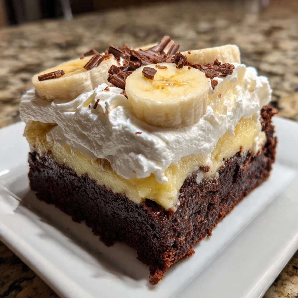 Square of banana pudding brownies on a white plate showing layers of chocolate brownie, vanilla pudding, sliced bananas, and whipped cream topping with vanilla wafer crumbs