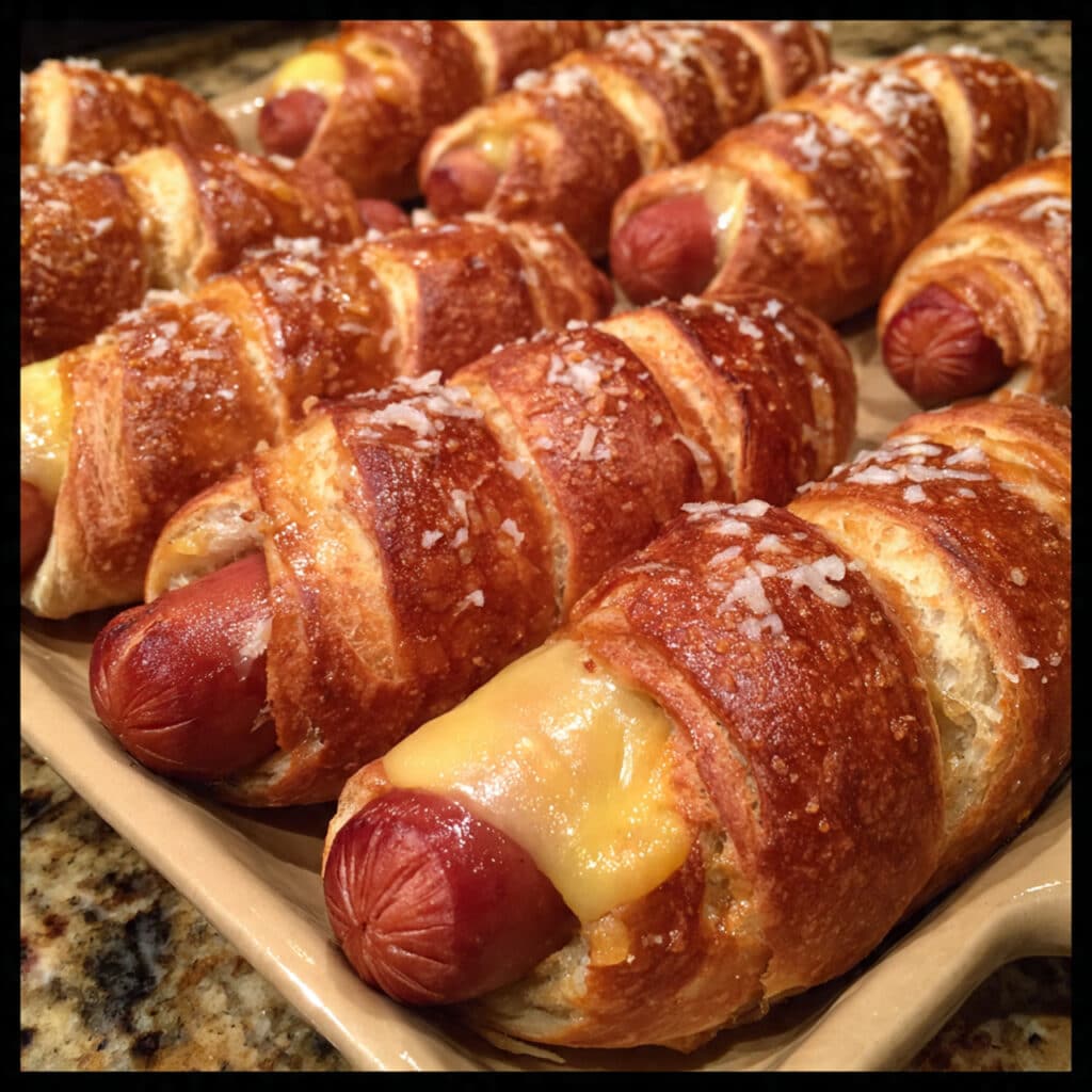 baked cheesy pretzel dogs from scratch with this easy recipe! Soft pretzel dough wraps around hot dogs and melted cheese for the ultimate game day snack