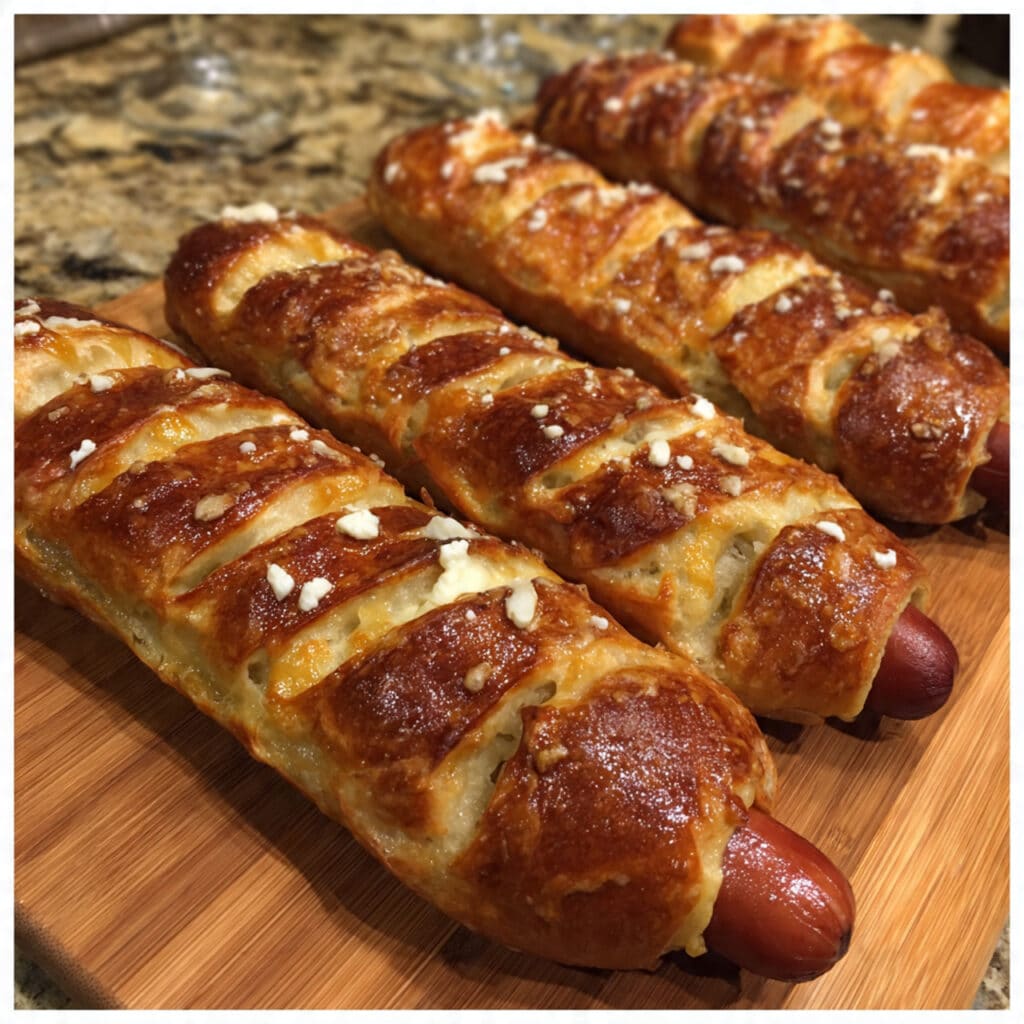 baked cheesy pretzel dogs from scratch with this easy recipe! Soft pretzel dough wraps around hot dogs and melted cheese for the ultimate game day snack