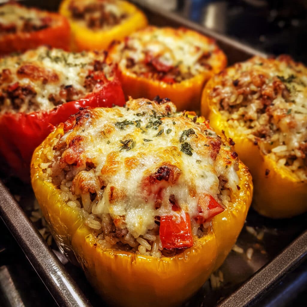 Italian stuffed peppers in a white baking dish filled with seasoned ground beef, rice, and melted mozzarella cheese, topped with marinara sauce and fresh basil