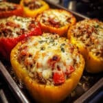 Italian stuffed peppers in a white baking dish filled with seasoned ground beef, rice, and melted mozzarella cheese, topped with marinara sauce and fresh basil