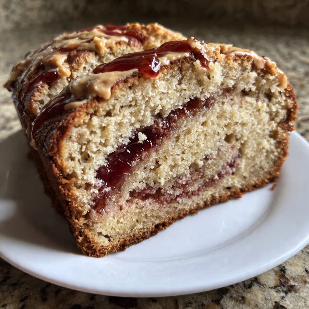 peanut butter and jelly banana bread on a white plate showing swirls of peanut butter and purple grape jelly throughout moist banana bread