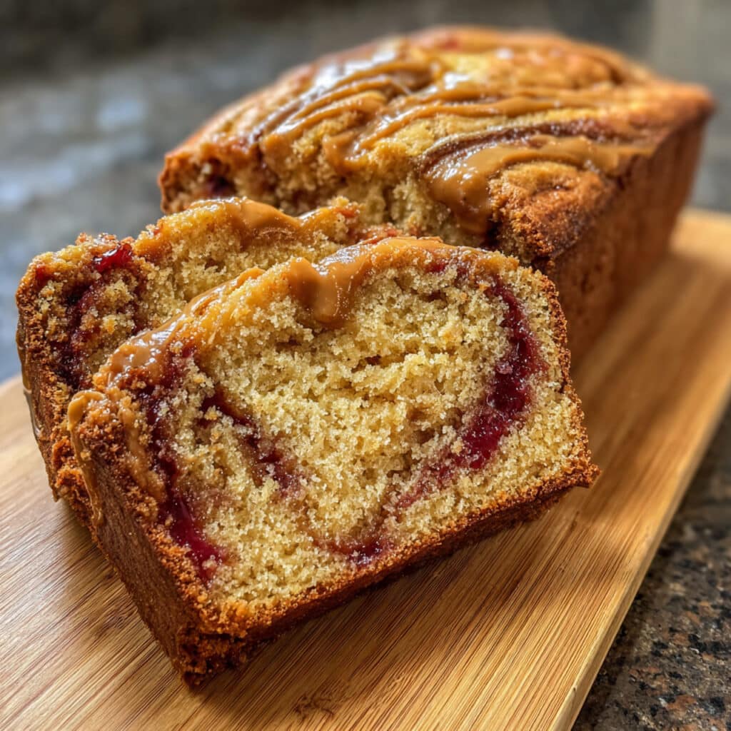 peanut butter and jelly banana bread on a white plate showing swirls of peanut butter and purple grape jelly throughout moist banana bread