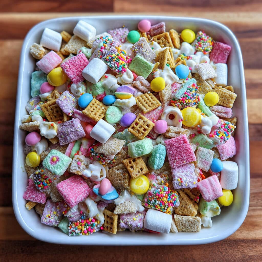 easy Easter Bunny Chow is a no-bake treat bursting with pastel colors, crunchy cereal, white chocolate, and spring candies—ready in just 30 minutes