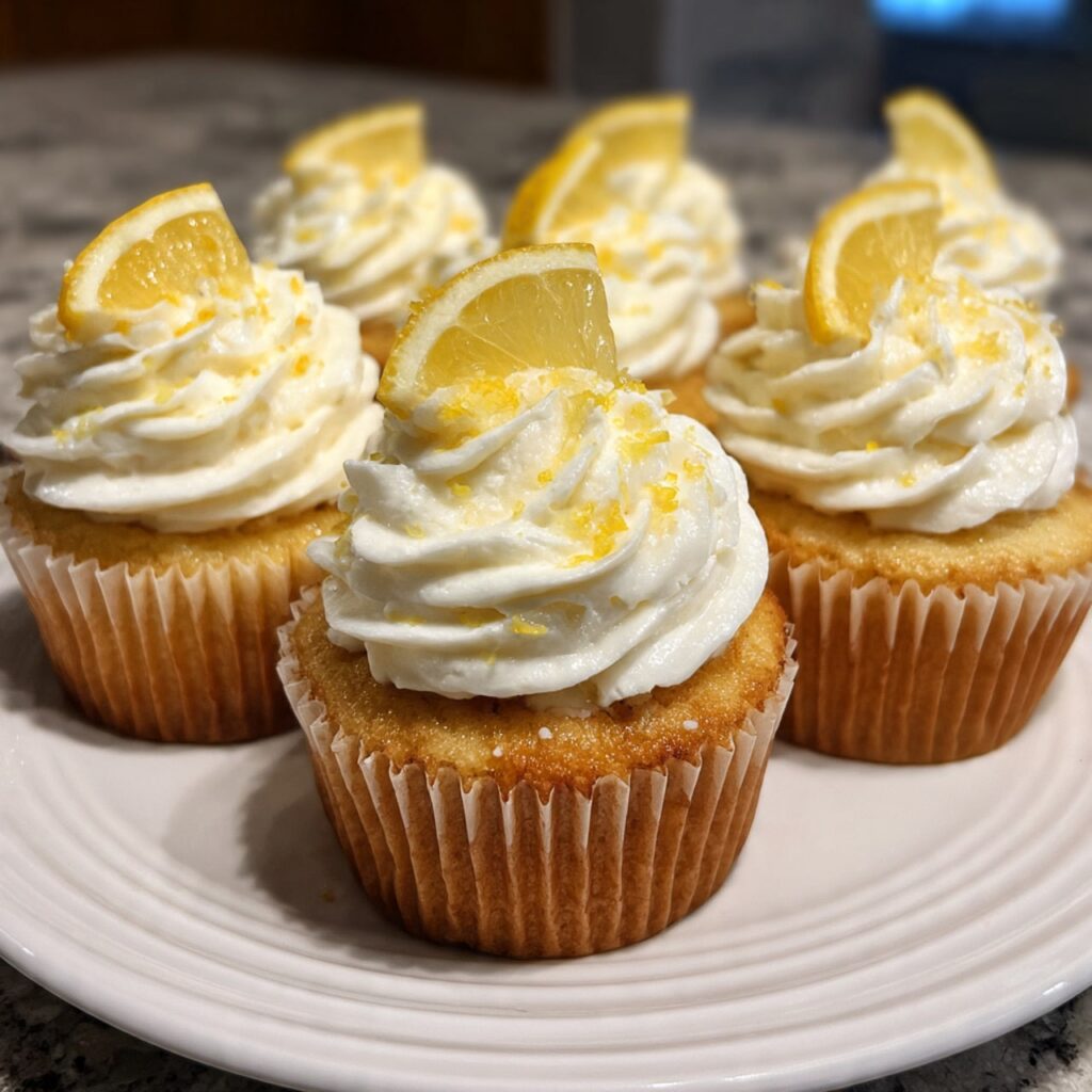 lemon limoncello cupcakes topped with swirled lemon buttercream frosting and garnished with fresh lemon zest on a white cake stand