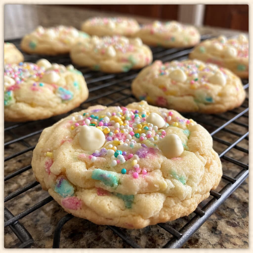 Easter funfetti cake cookies with pastel rainbow sprinkles arranged on white plate with spring flowers in background
